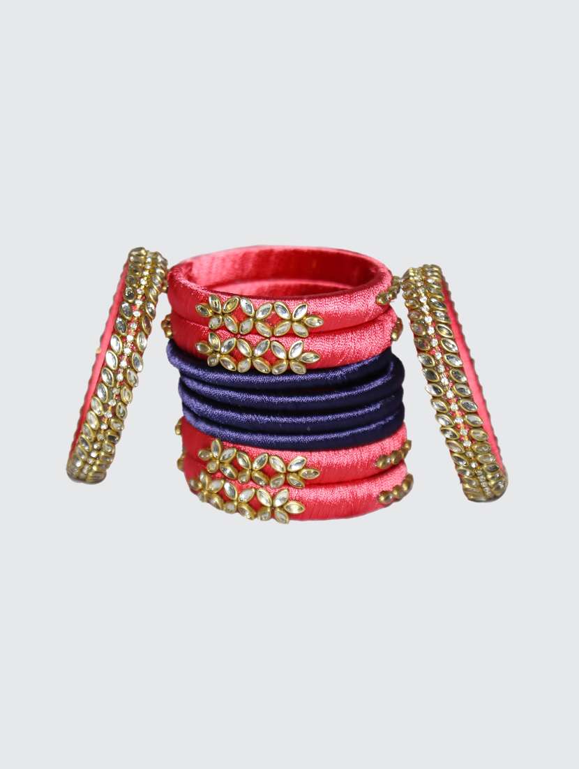  handmade silk thread red kade & blue bangles set of 10 - 18031707 -  Standard Image - 3