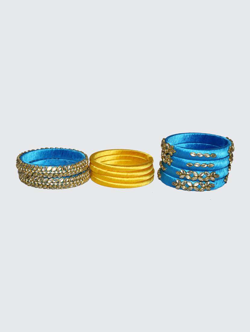 handmade silk thread sky blue kade & yellow bangles set of 10 - 18031709 - Standard Image - 3