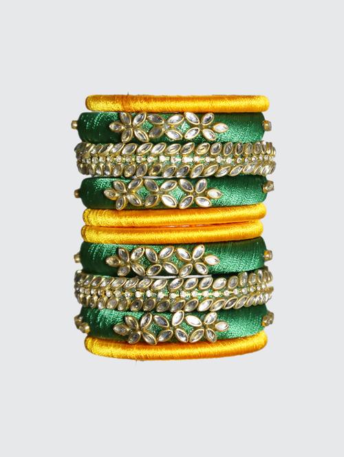 handmade silk thread green kade & yellow bangles set of 10 - 18031710 -  Standard Image - 0