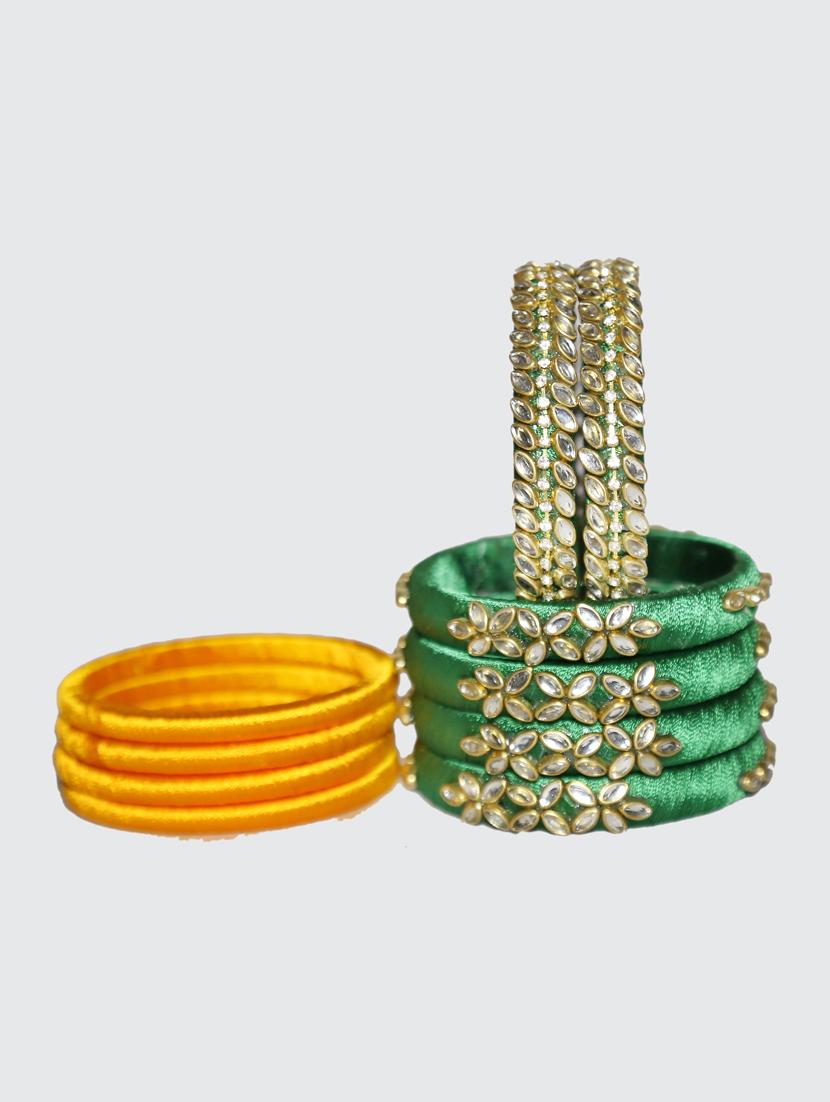 handmade silk thread green kade & yellow bangles set of 10 - 18031710 - Standard Image - 3