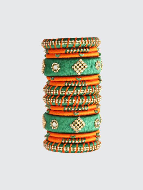 handmade silk thread orange and green bangles set of 14 - 18031735 - Standard Image - 0