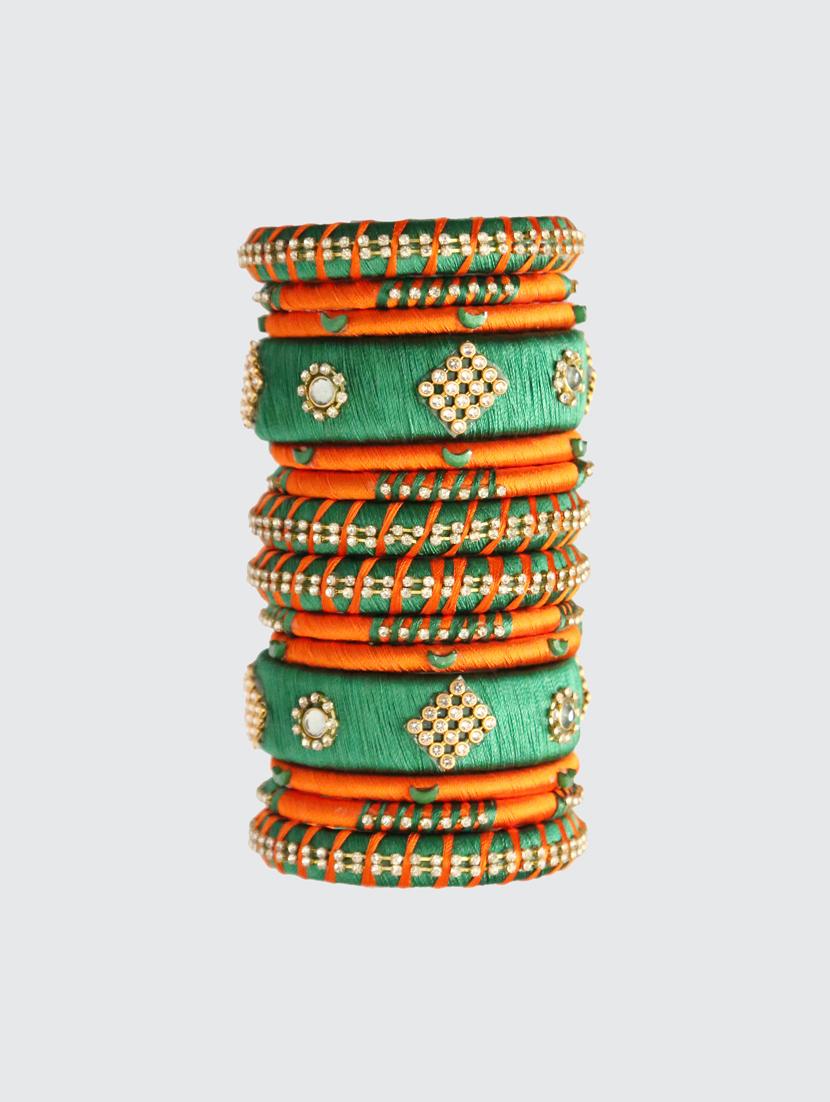 handmade silk thread orange and green bangles set of 14 - 18031735 - Zoom Image - 0