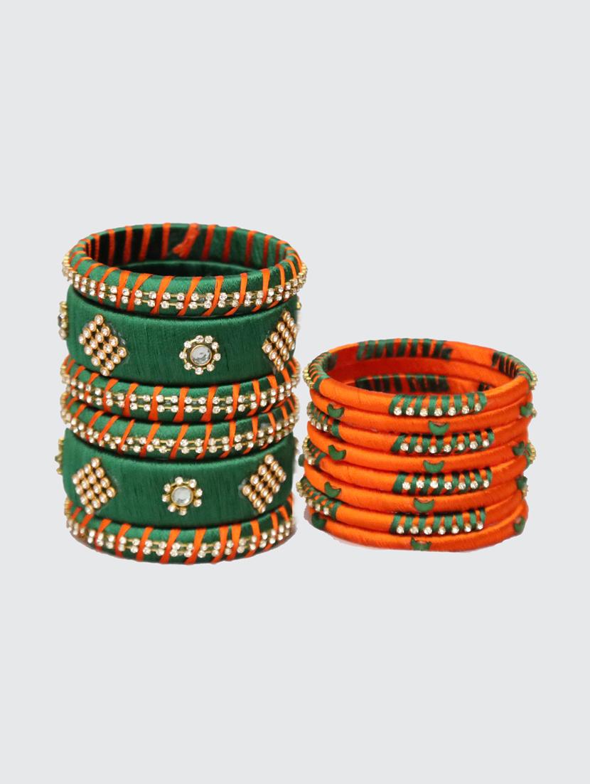 handmade silk thread orange and green bangles set of 14 - 18031735 - Standard Image - 3