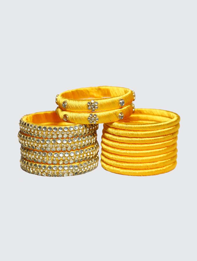 handmade silk thread yellow bangles set of 14 - 18031741 -  Standard Image - 3