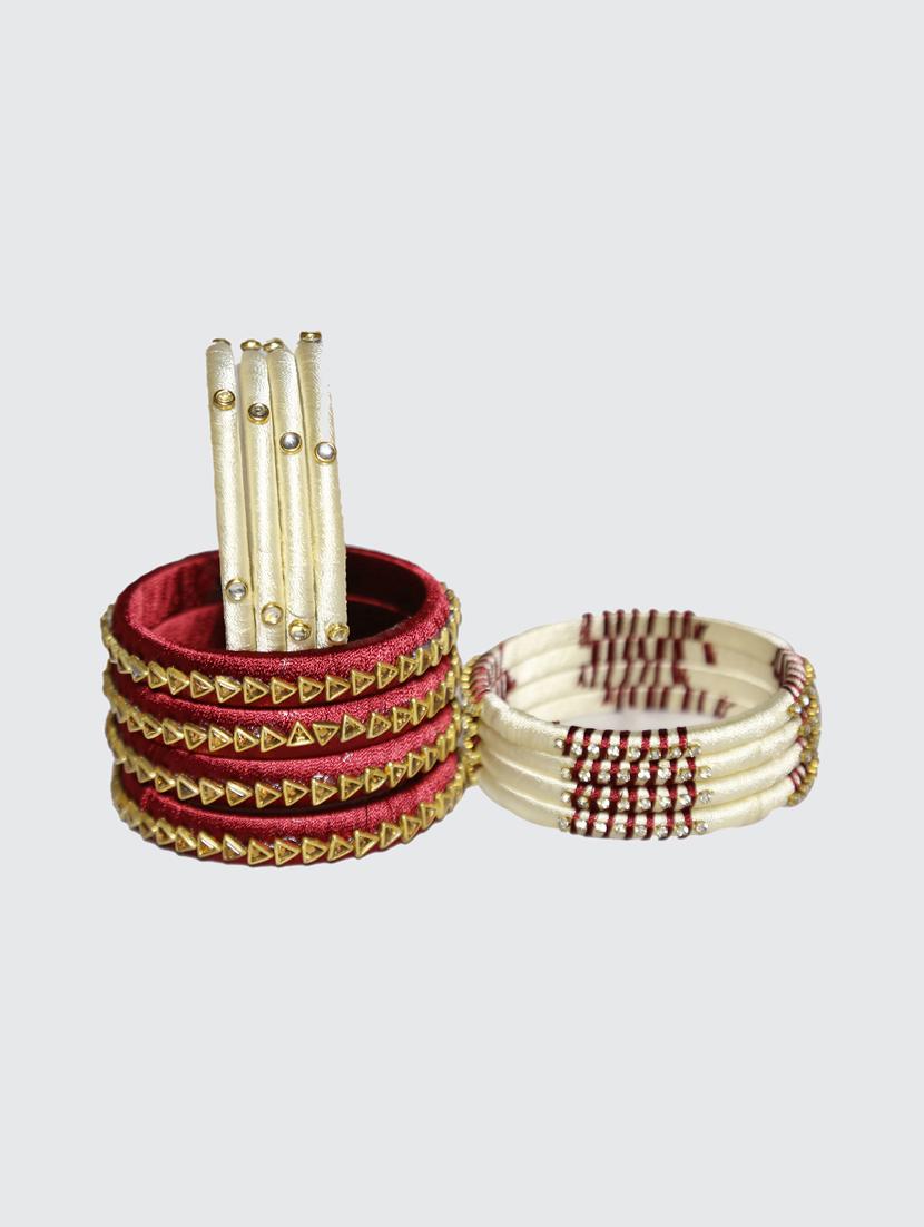 handmade silk thread maroon and off white bangles set of 12 - 18031759 - Standard Image - 3