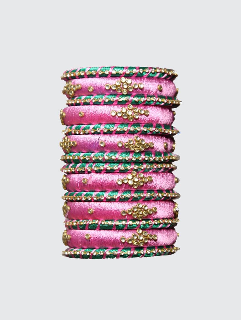 handmade silk thread pink bangles set of 14 - 18031765 - Zoom Image - 0