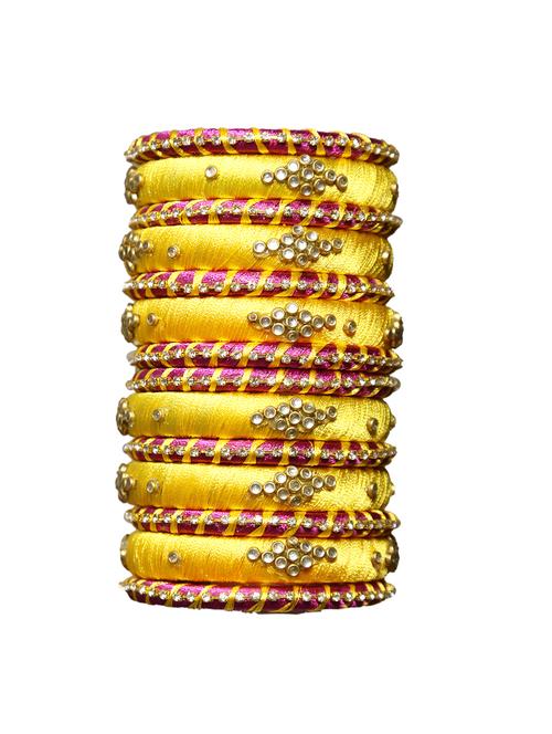 handmade silk thread yellow & dark pink bangles set of 14 - 18031767 - Standard Image - 0