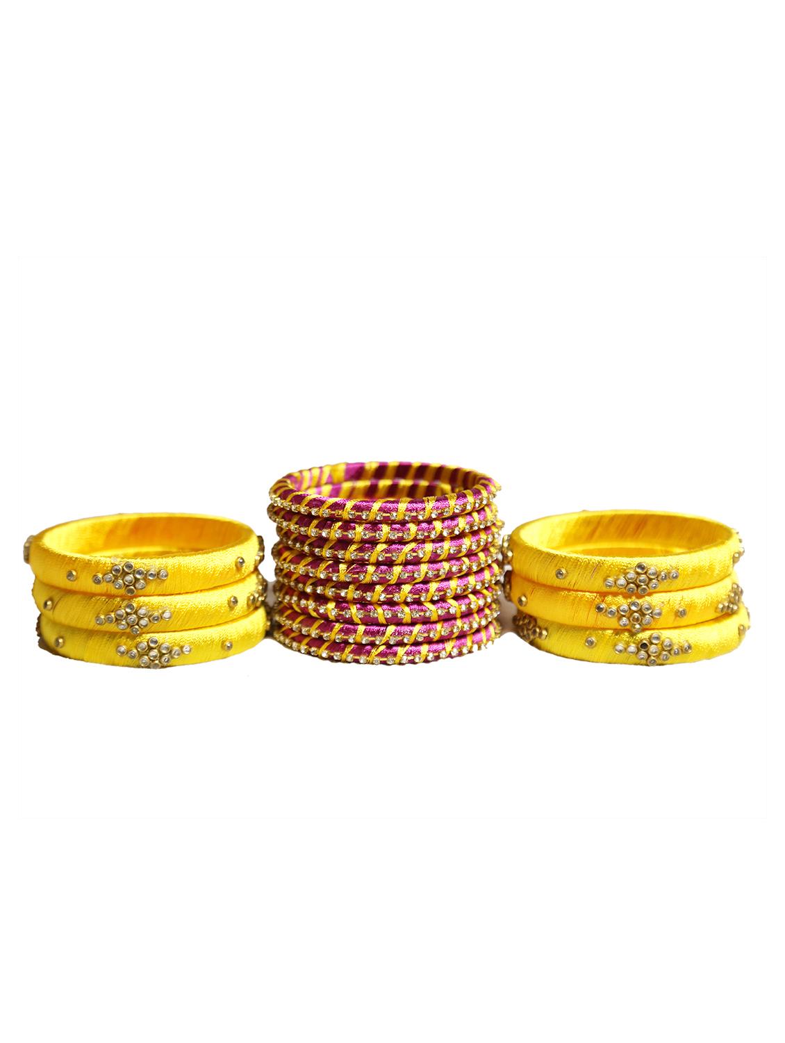 handmade silk thread yellow & dark pink bangles set of 14 - 18031767 - Standard Image - 3