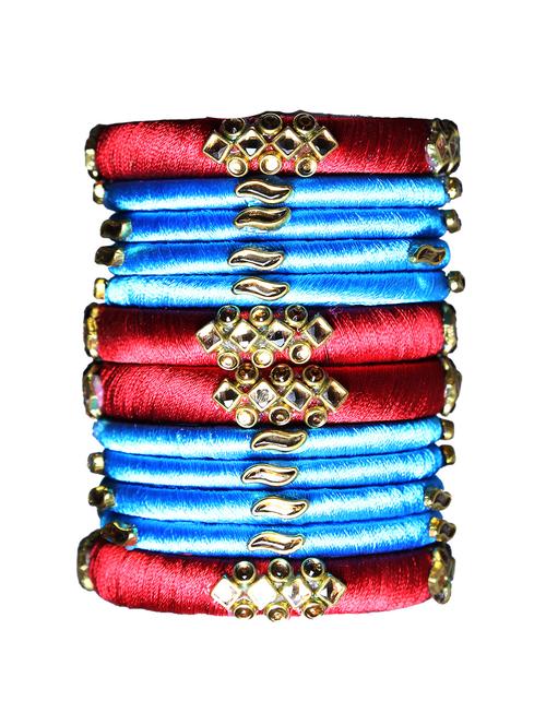 handmade silk thread blue kade & maroon bangles set of 12 - 18031795 -  Standard Image - 0