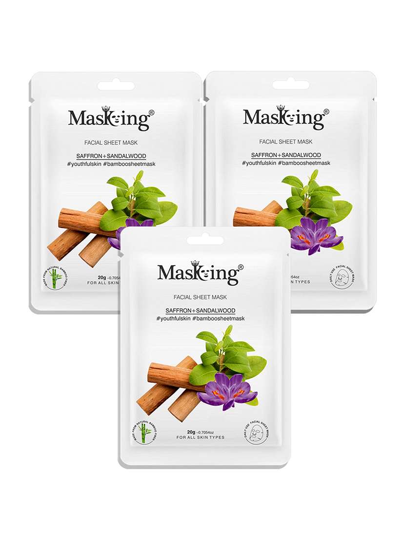 masking bamboo facial sheet mask of saffron & sandalwood for youthful skin ideal for women & men, 20ml each (pack of 3)