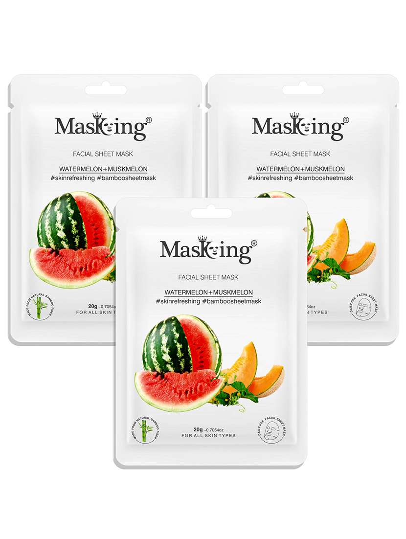 masking bamboo facial sheet mask of watermelon & muskmelon for skin refreshing ideal for women & men, 20ml each (pack of 3) - 18032405 - Zoom Image - 0
