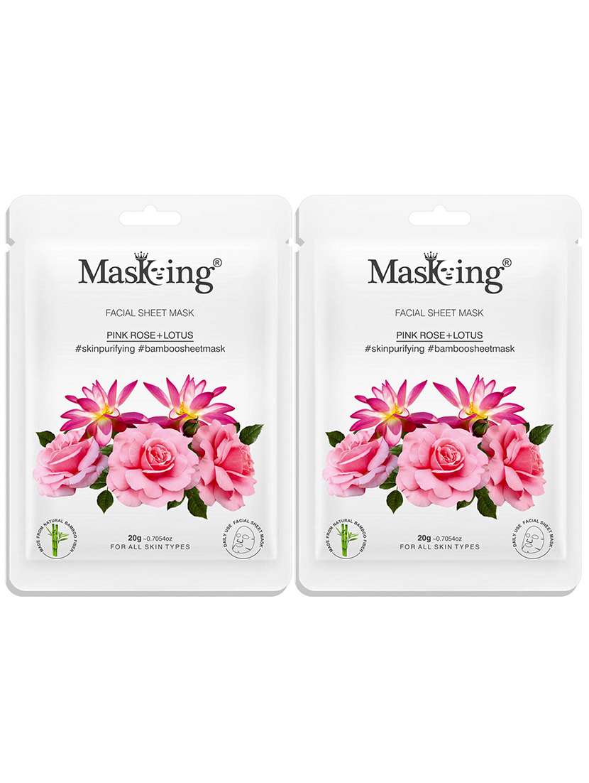 masking bamboo facial sheet mask of pink rose & lotus for skin purifying ideal for women & men, 20ml each (pack of 2)