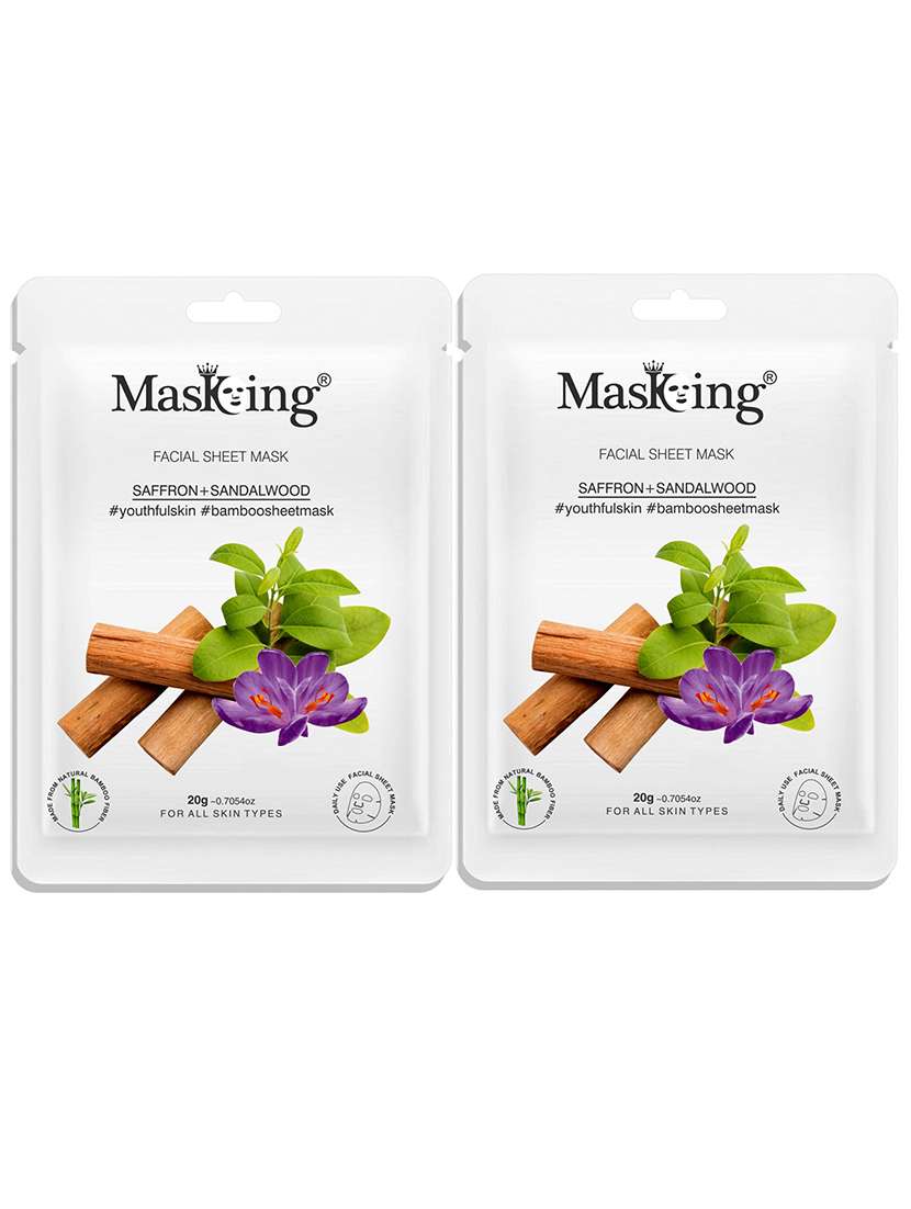 masking bamboo facial sheet mask of saffron & sandalwood for youthful skin ideal for women & men, 20ml each (pack of 2)