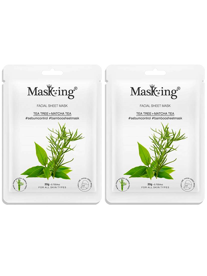 masking bamboo facial sheet mask of tea tree & matcha tea for sebum control ideal for women & men, 20ml each (pack of 2)