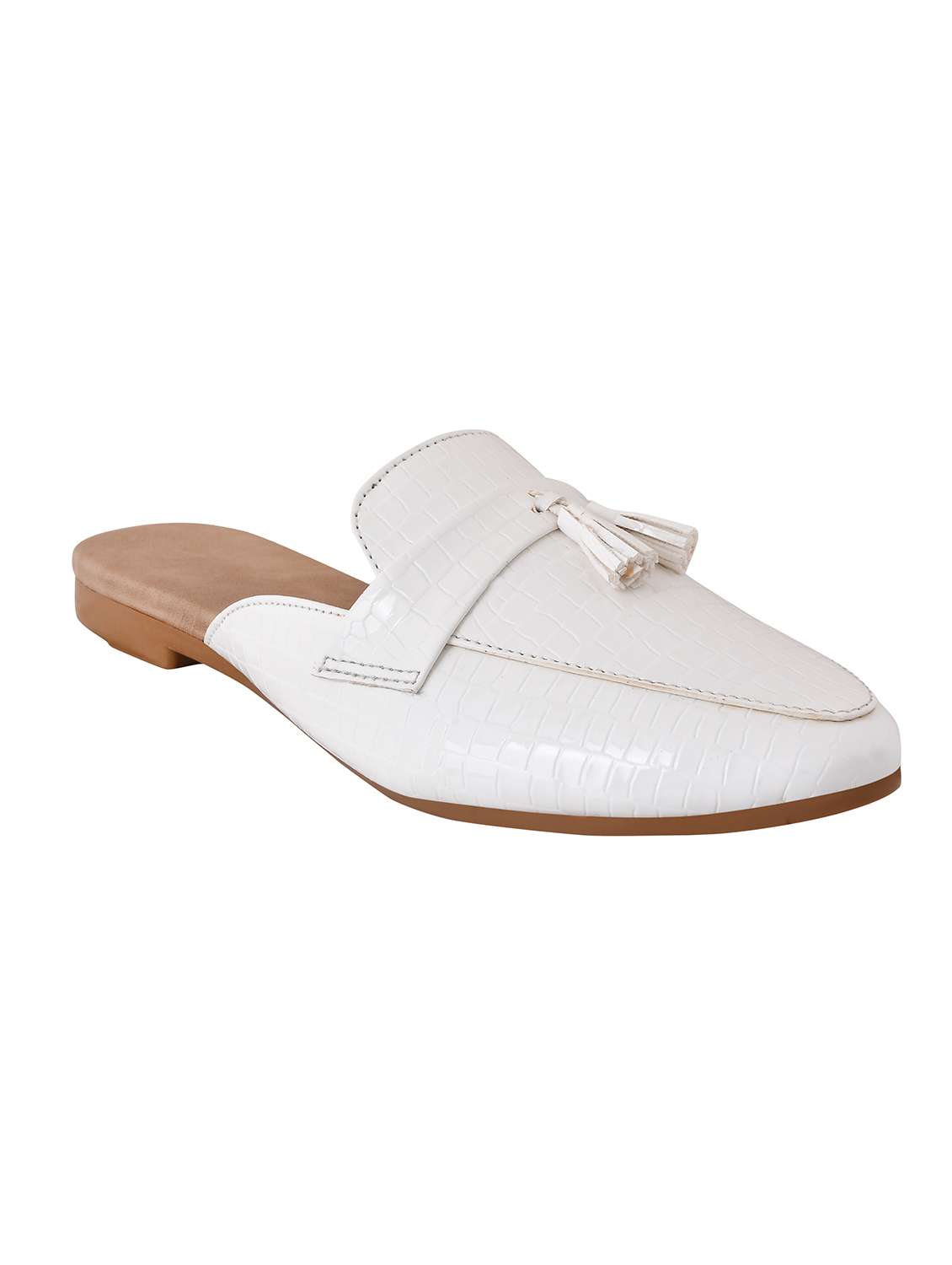 white synthetic slip on ballerina