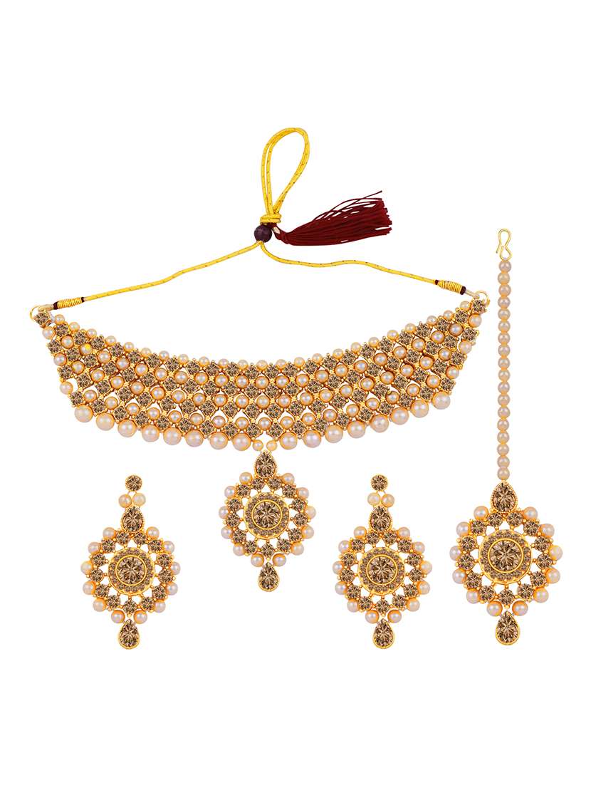 gold plated stone studded choker necklace with earring and maangtikka - 18033402 -  Zoom Image - 0