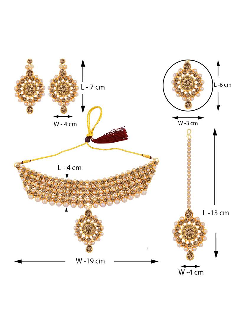 gold plated stone studded choker necklace with earring and maangtikka - 18033402 - Standard Image - 3