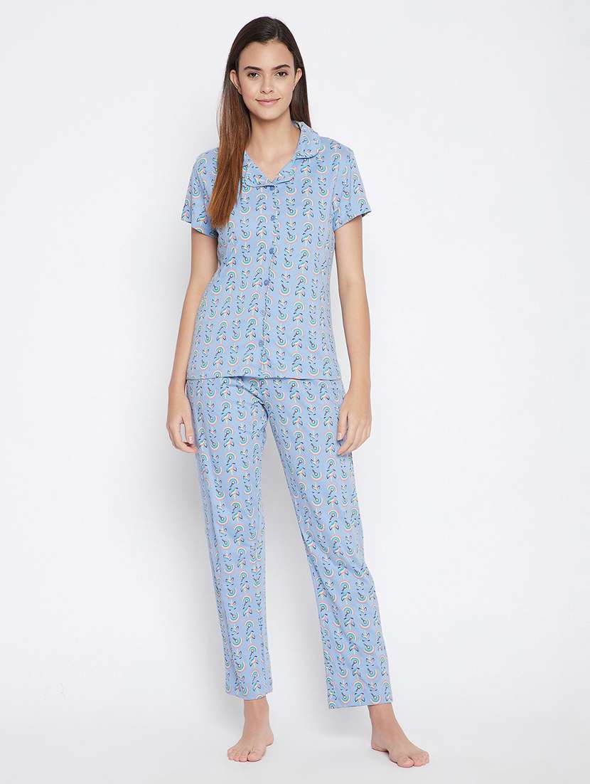 shirt collar printed nightwear pajama set 
