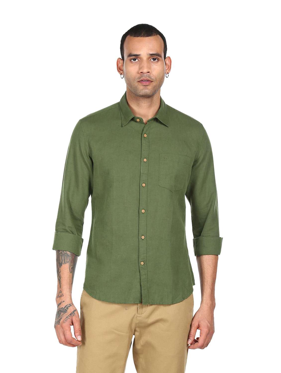 olive solid casual shirt - 18038444 - Zoom Image - 0