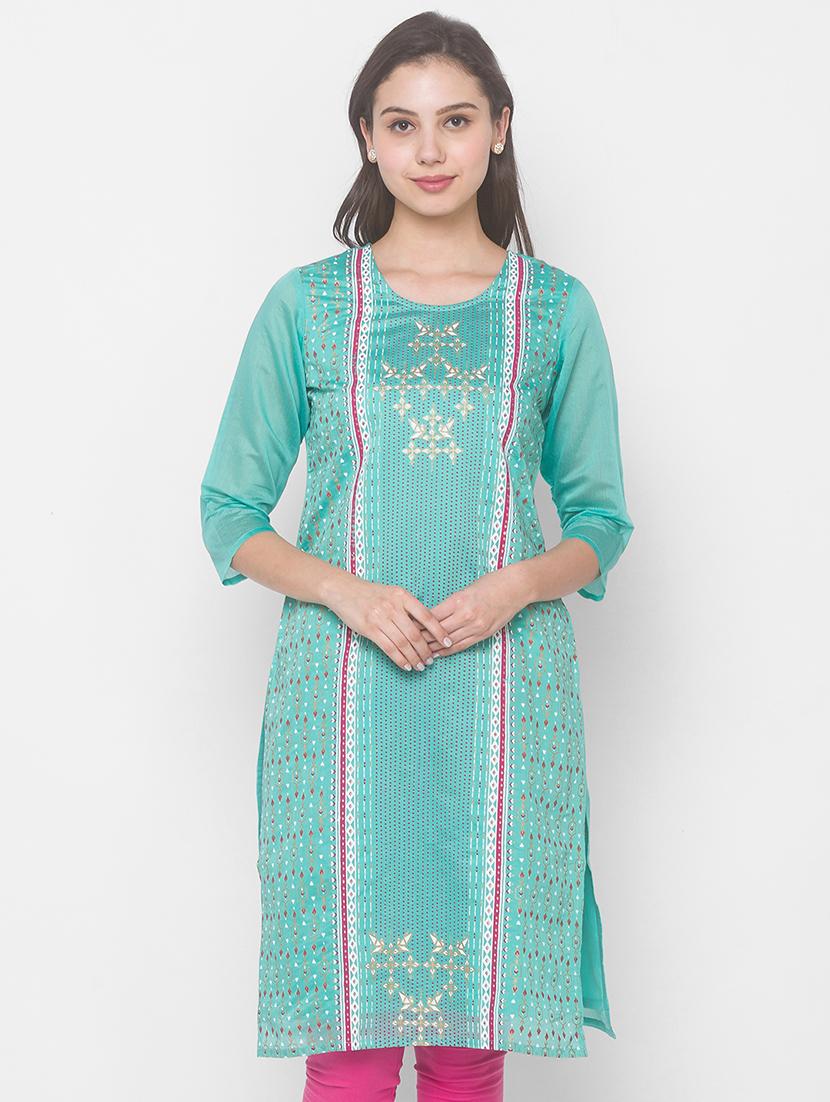 printed chanderi straight kurta - 18039531 - Zoom Image - 0