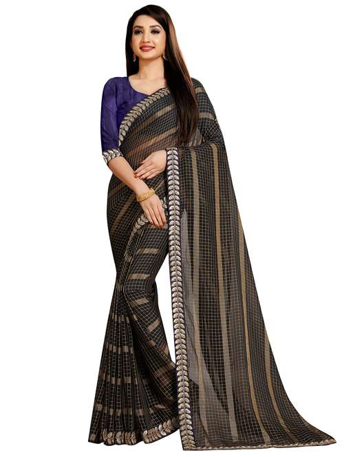 check printed saree with blouse - 18039916 - Standard Image - 0