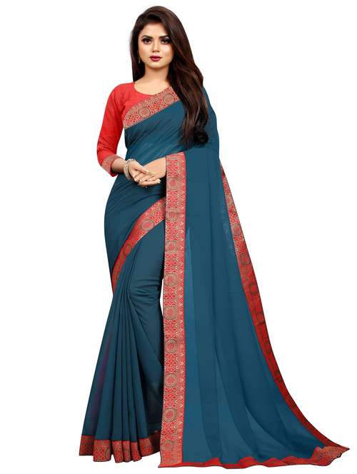 solid bordered saree with blouse - 18039932 - Standard Image - 0
