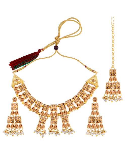 gold metal necklace earring and maang tikka set - 18040737 -  Standard Image - 0