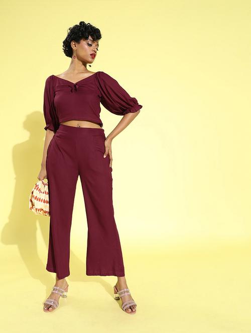 solid crop top with flat front trouser set - 18041419 -  Standard Image - 0