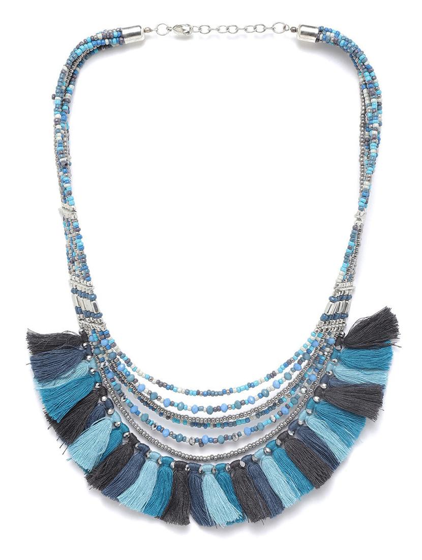blue & black silver-plated tasselled beaded multi-stranded necklace - 18041720 -  Zoom Image - 0
