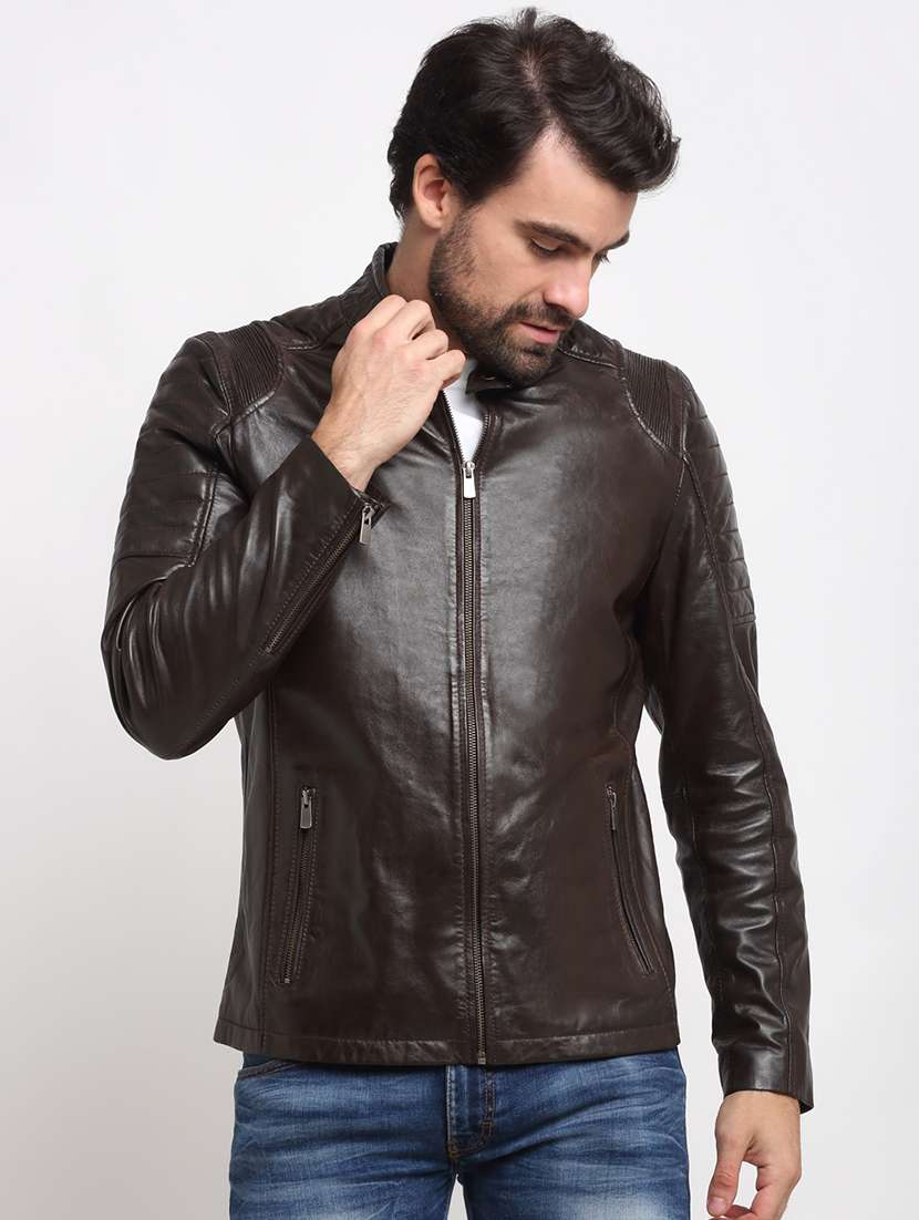 Buy online Black Solid Leather Biker Jacket from Jackets for Men