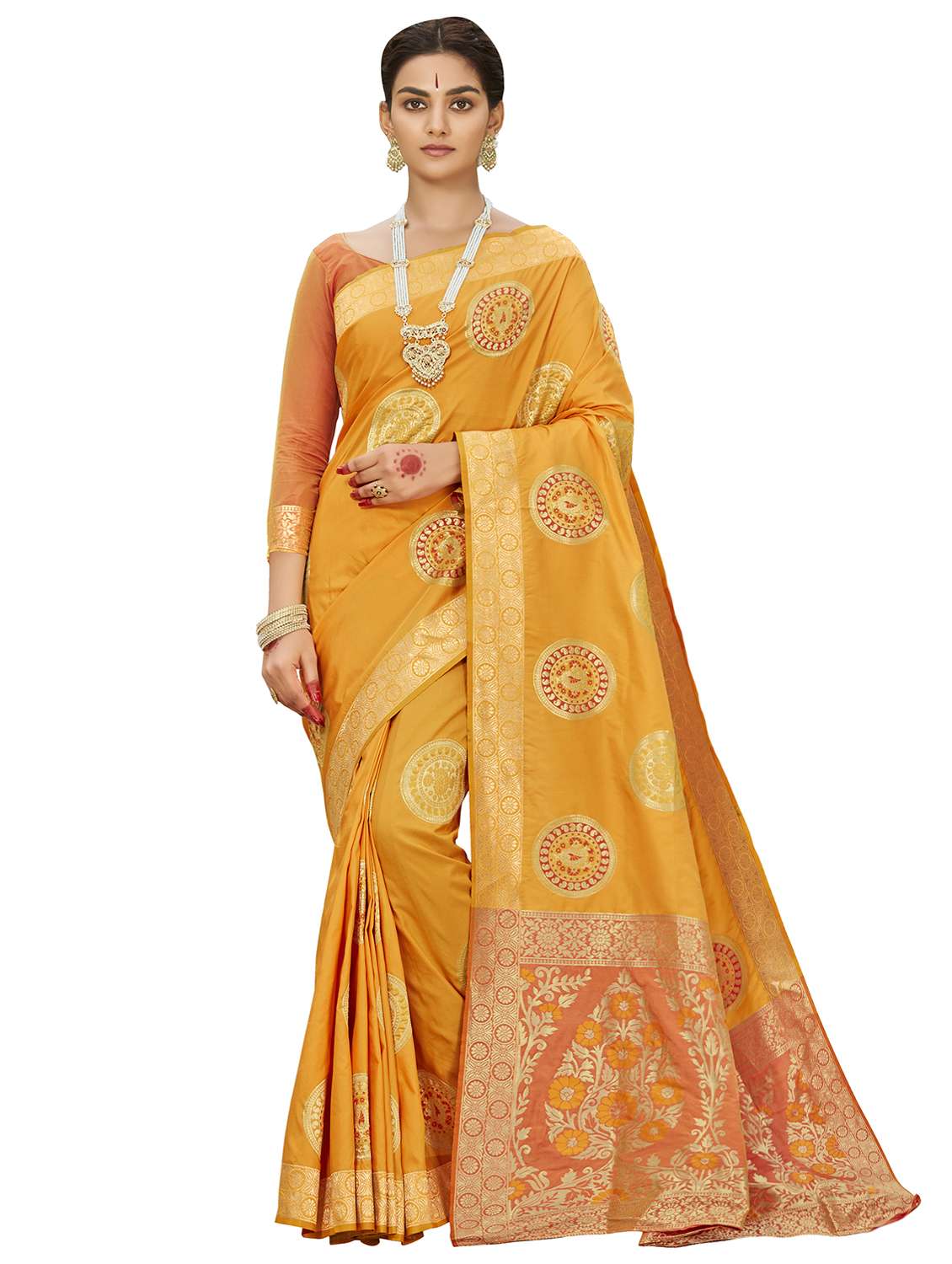 women's self design mustard colored saree with blouse