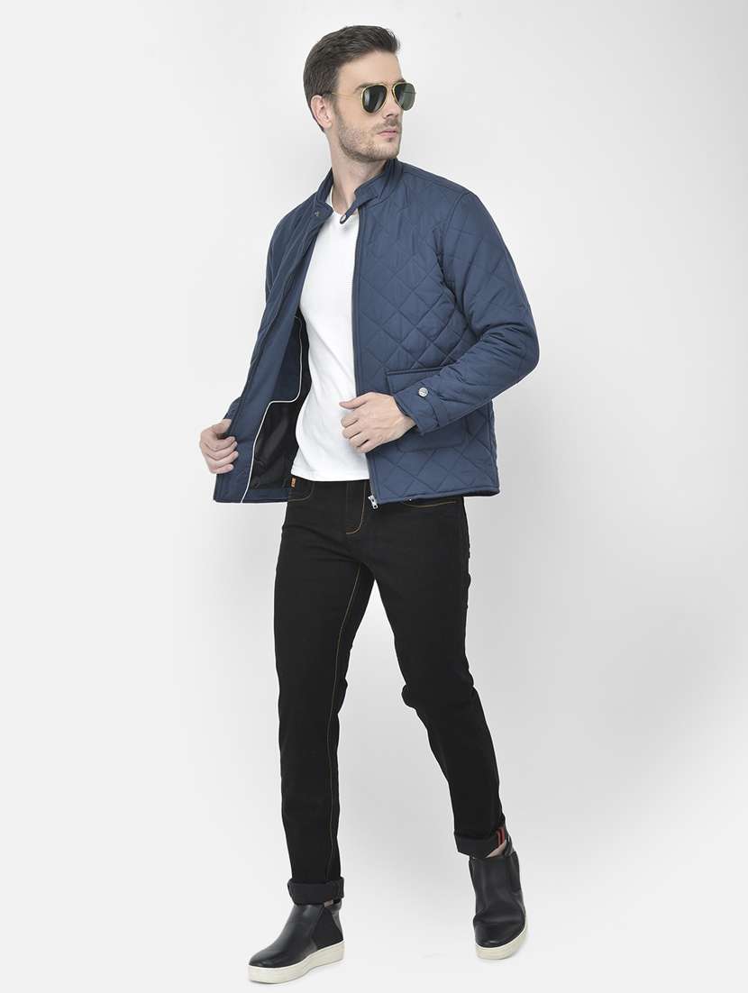 navy blue solid quilted jacket - 18042963 - Standard Image - 3