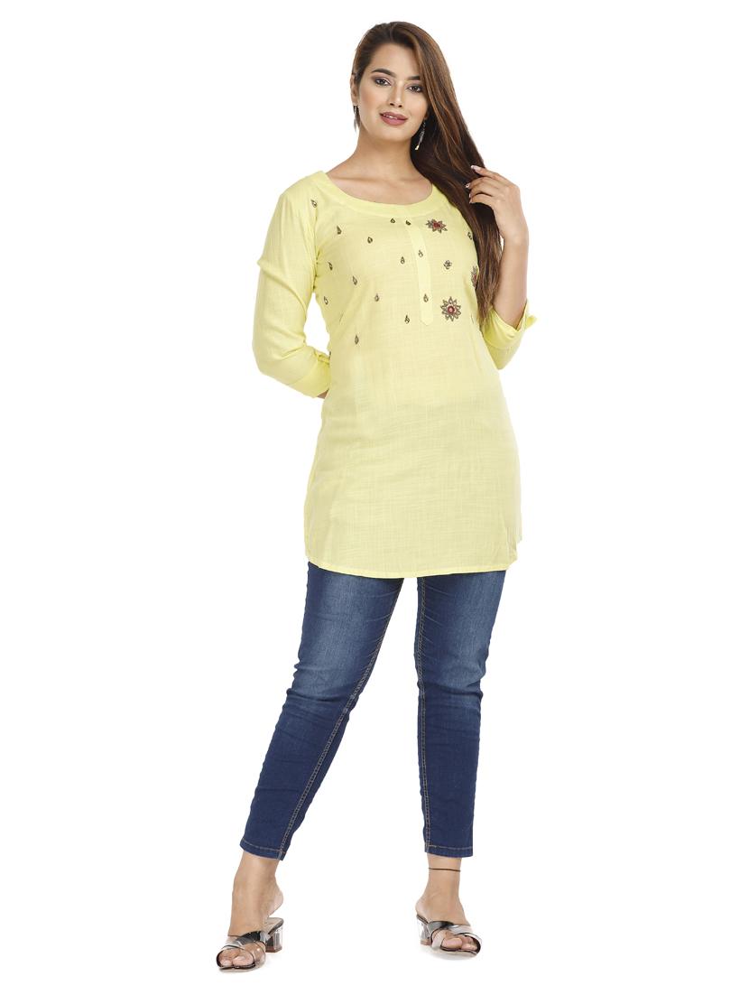 yellow rayon straight kurti - 18043016 - Standard Image - 3