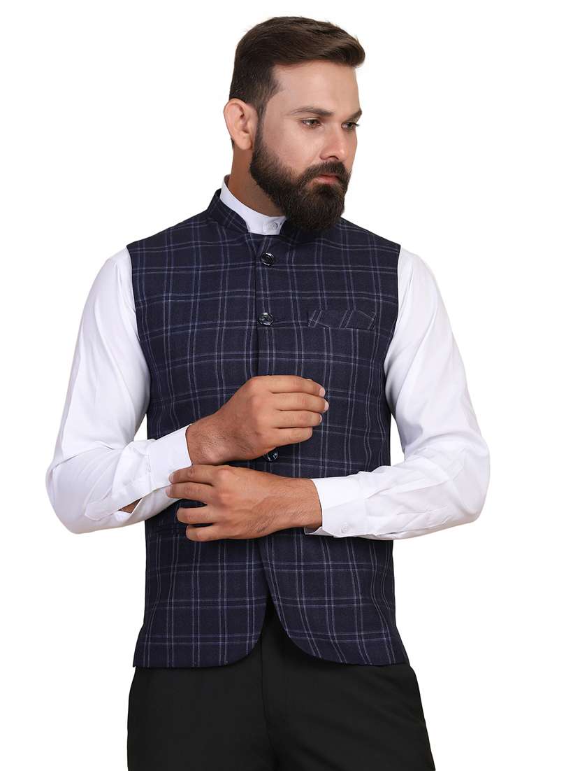 navy blue checkered nehru jacket