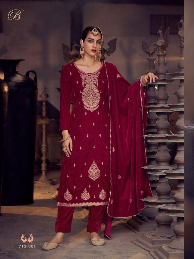 Embroidered Velvet Straight Kurti in Beige : TUC1702