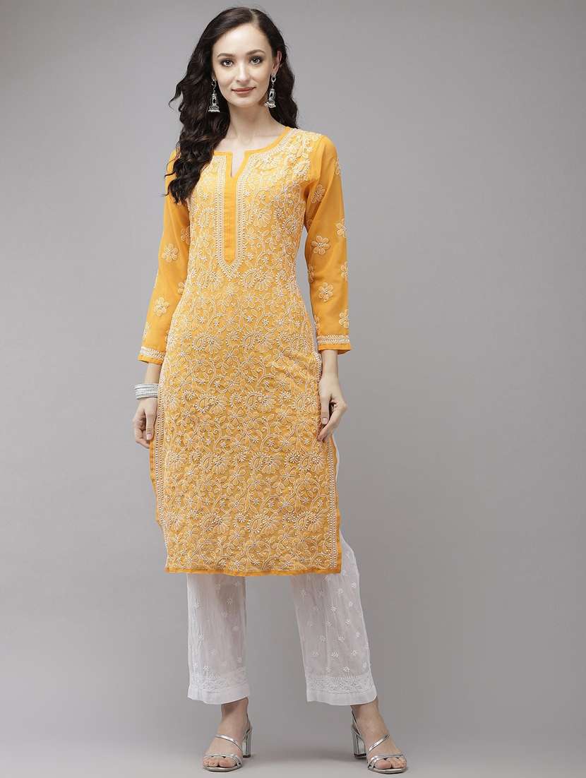 ada hand-embroidered yellow chikankari kurta palazzo set - 18044166 - Zoom Image - 0