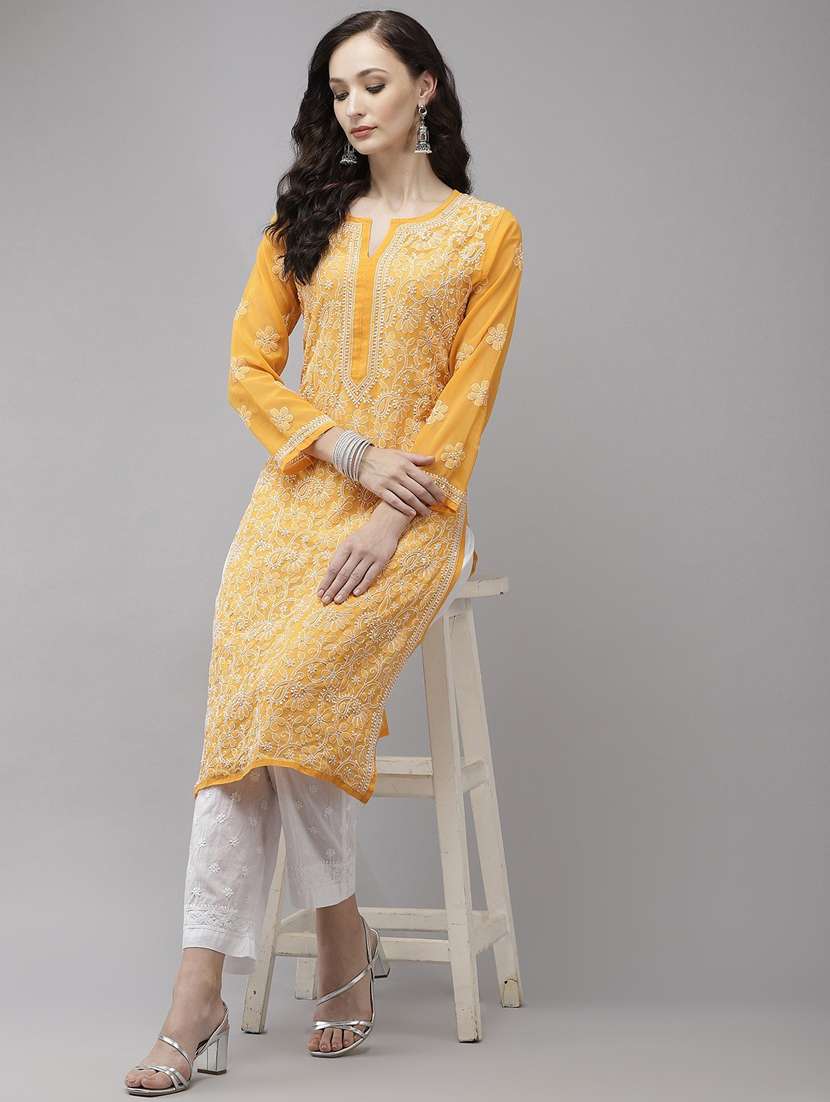 ada hand-embroidered yellow chikankari kurta palazzo set - 18044166 - Standard Image - 3