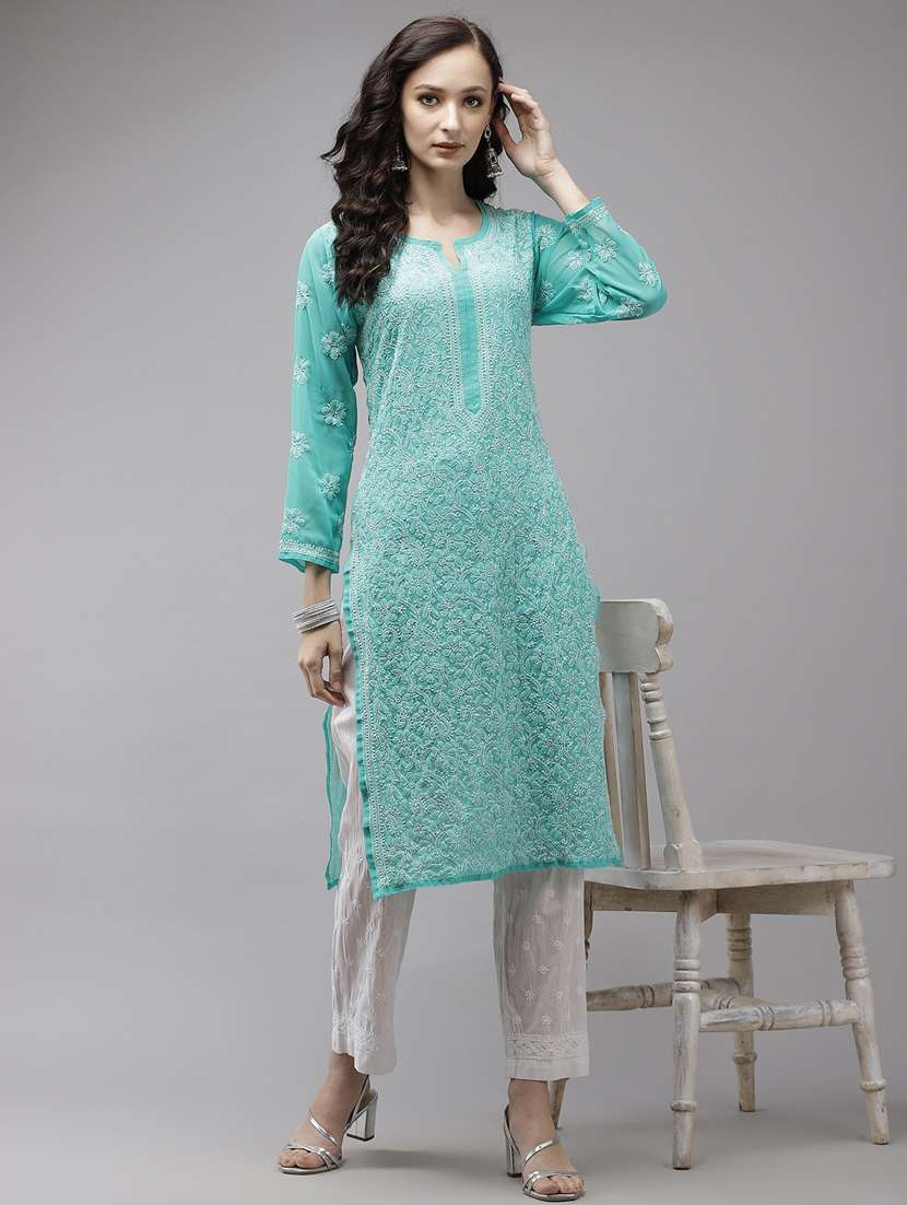 ada hand-embroidered sea green chikankari kurta palazzo set - 18044167 - Standard Image - 3