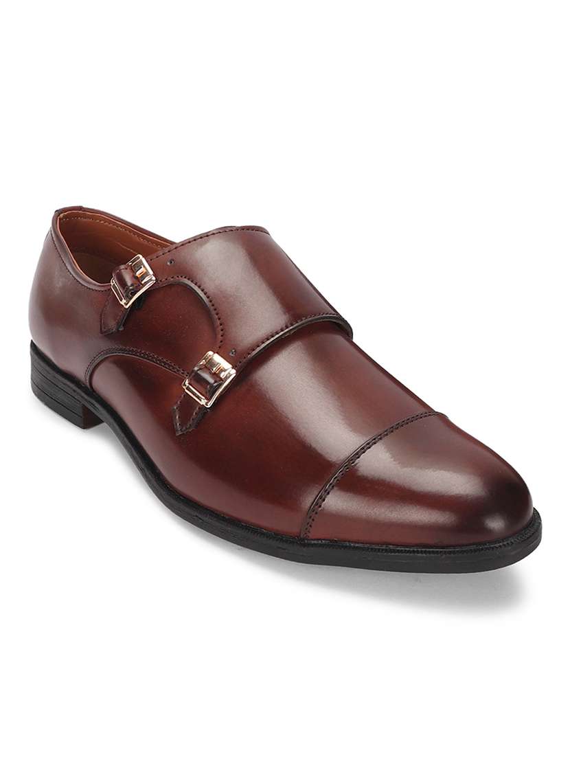 maroon leather double monk shoes
