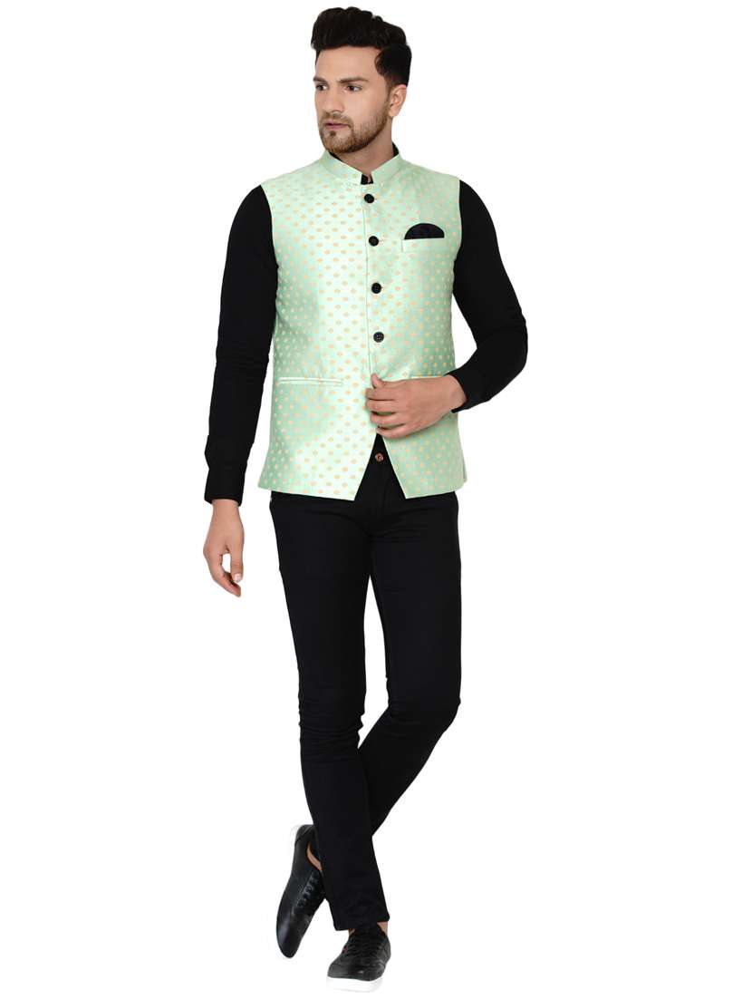 sea-green printed nehru jacket - 18044670 -  Standard Image - 3