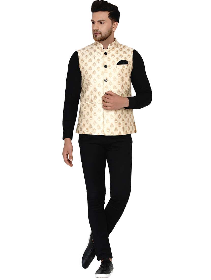 peach printed nehru jacket - 18044671 - Standard Image - 3
