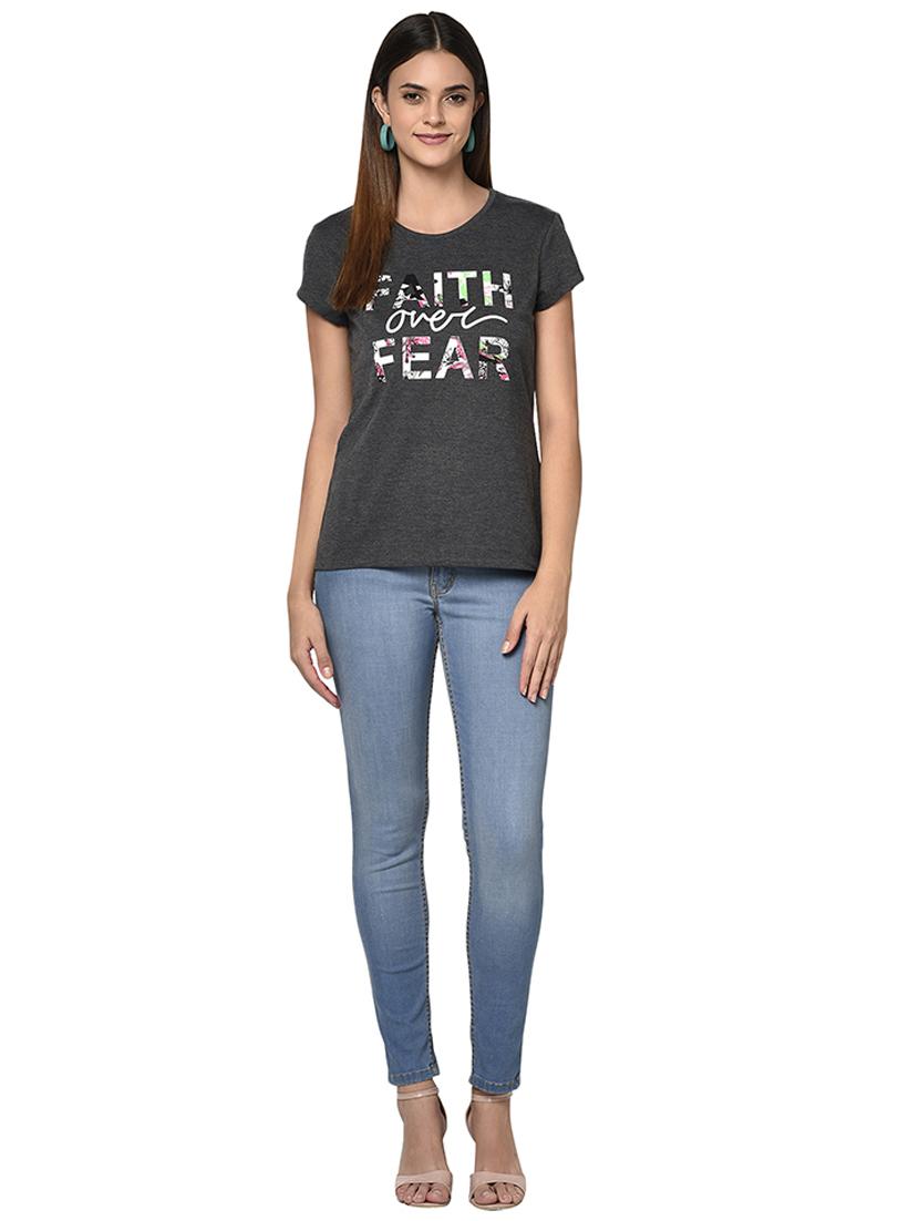 women's chest print round neck t-shirt - 18045263 - Standard Image - 3