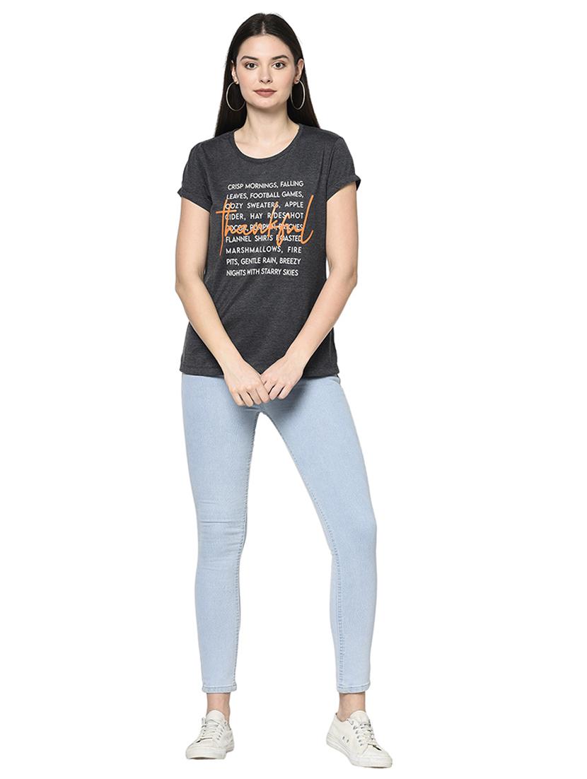 women's chest print round neck t-shirt - 18045292 - Standard Image - 3