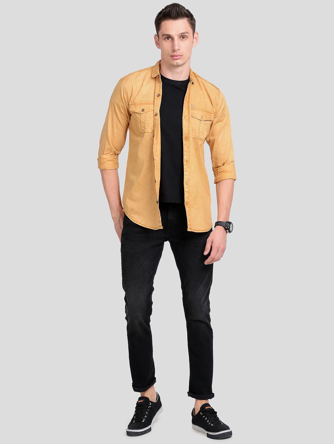 yellow solid denim casual shirt - 18047415 - Standard Image - 3