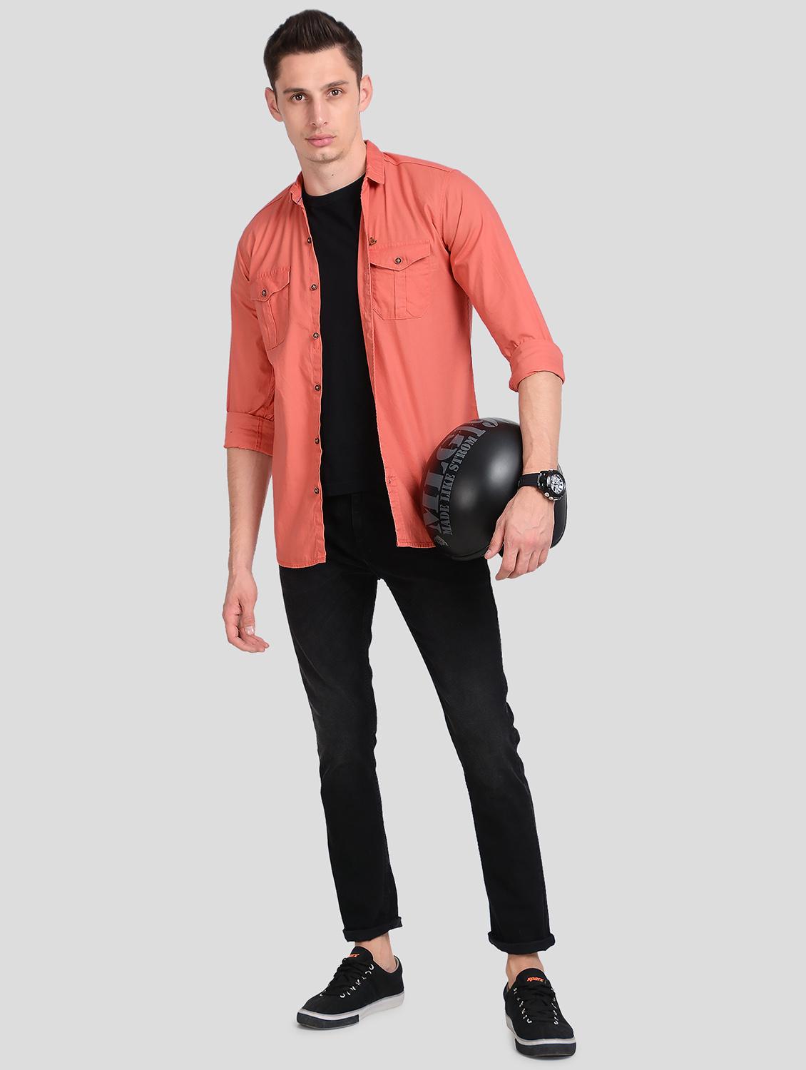 pink solid denim casual shirt - 18047416 - Standard Image - 3