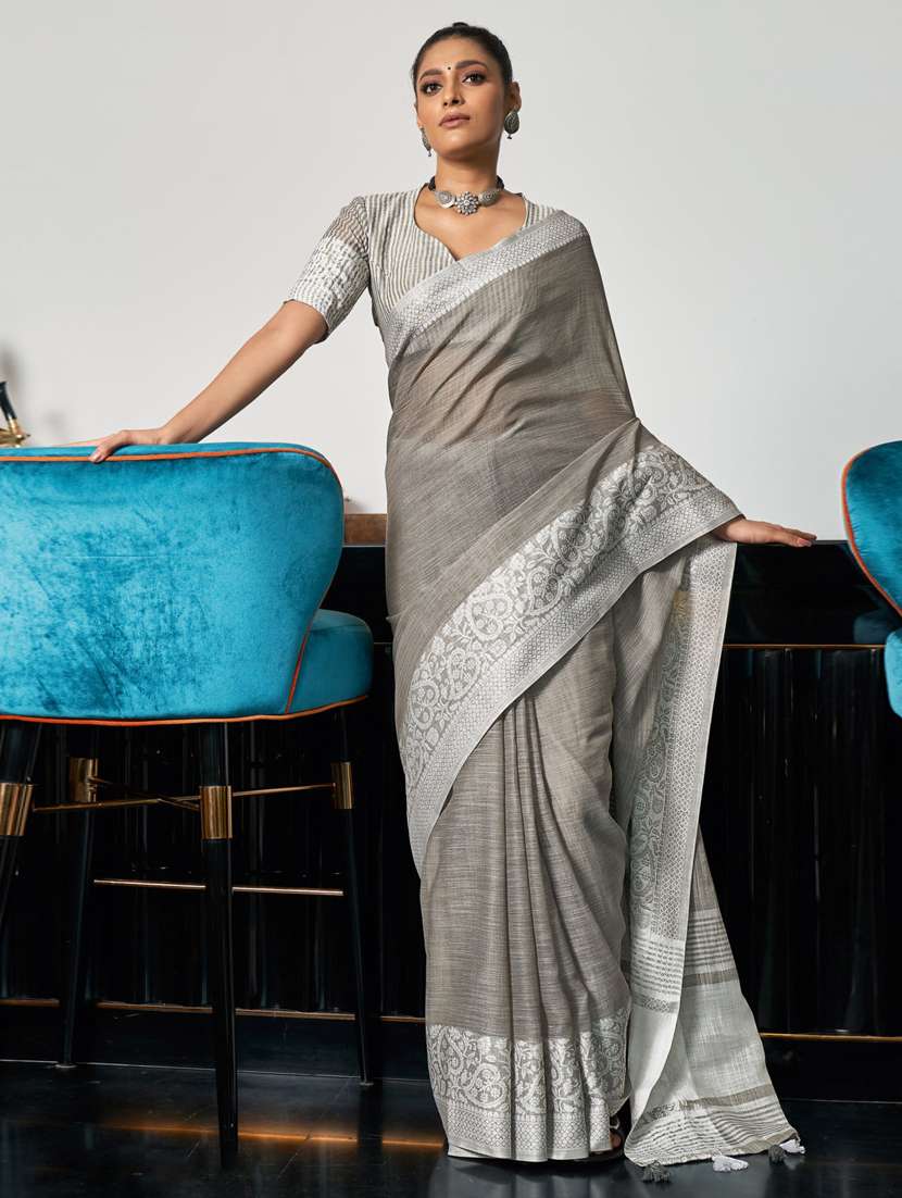 women's self design grey colored saree with blouse