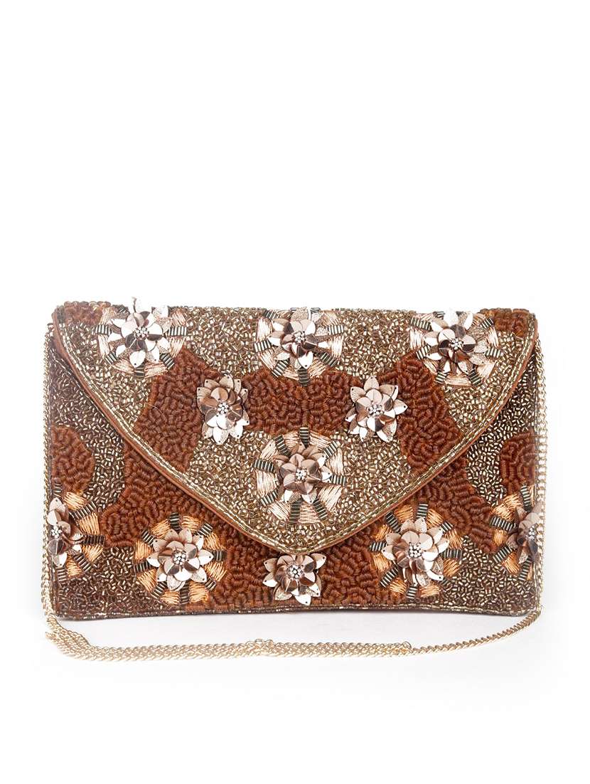 brown embellished regular clutch