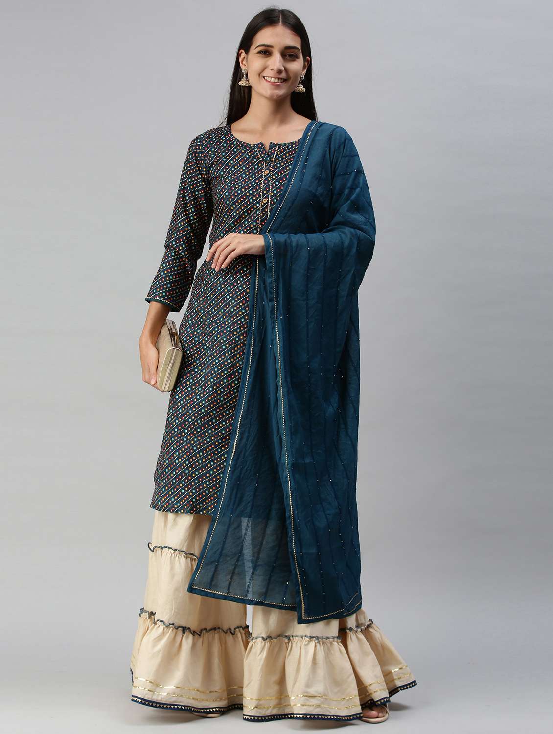 Teal Cotton Blend Kurta Sharara  Set