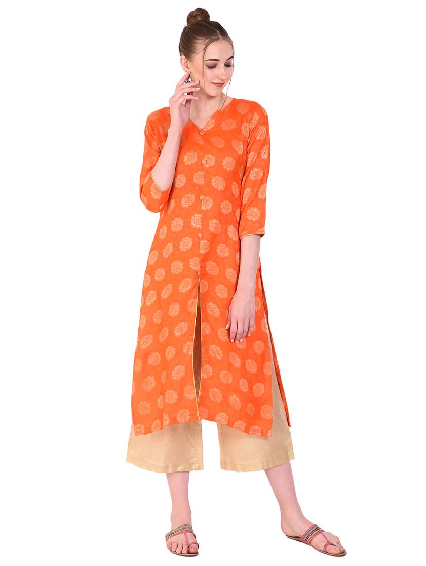 orange cotton printed high slit kurta - 18051607 - Zoom Image - 0