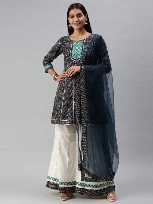 teal cotton blend kurta palazzo  set - 18051619 -  Standard Image - 0